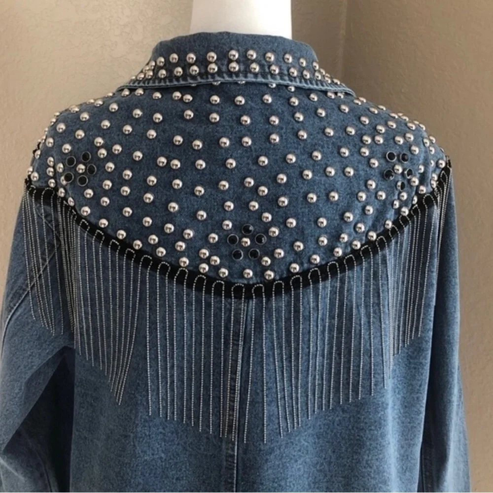 Blue Studded Fringe Statement Denim Jacket Size XL